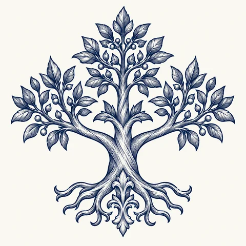 Illustrated tree with spreading roots and branches for a family crest