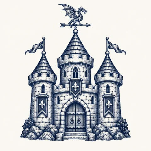 Illustrated castle with towers and a dragon above the roof