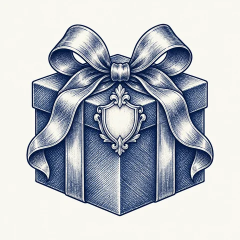 Ribbon-wrapped gift box with a small heraldic shield