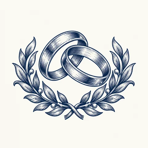 Interlocking wedding rings surrounded by leafy branches