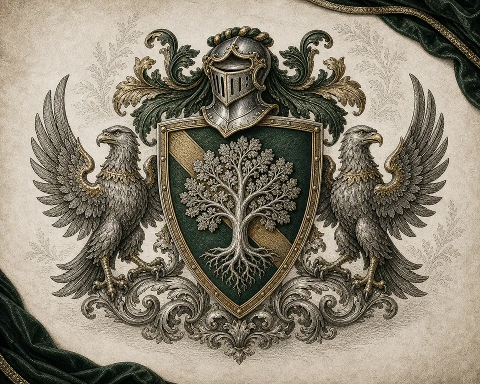 An engraved green and gold shield bearing a tree, with a helmet above and two eagle supporters on parchment.