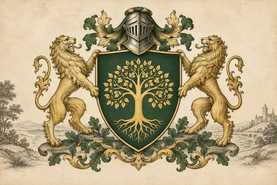 A gold tree of life on a solid forest-green heater shield, flanked by two gold lions beneath a helmet, in an engraved parchment illustration.